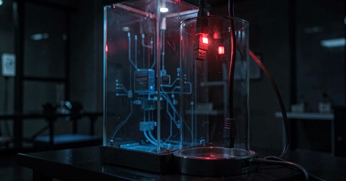 A dark laboratory containment chamber with its thick cable connectors unplugged and hanging in the air, a severed-link light glowing red above an empty dock and faint blue circuitry inside the glass.