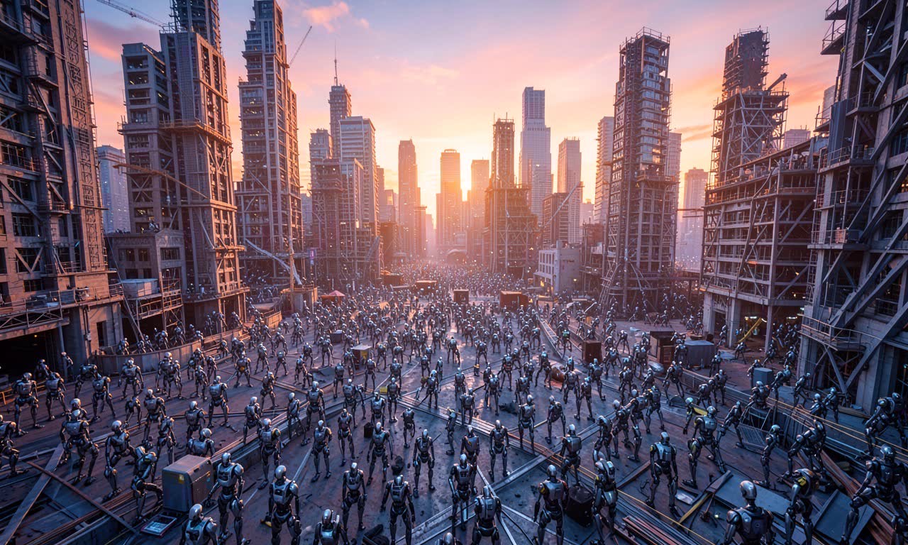 Thousands of humanoid robots constructing a dense urban skyline at dawn, orange and steel blue tones, wide cinematic angle