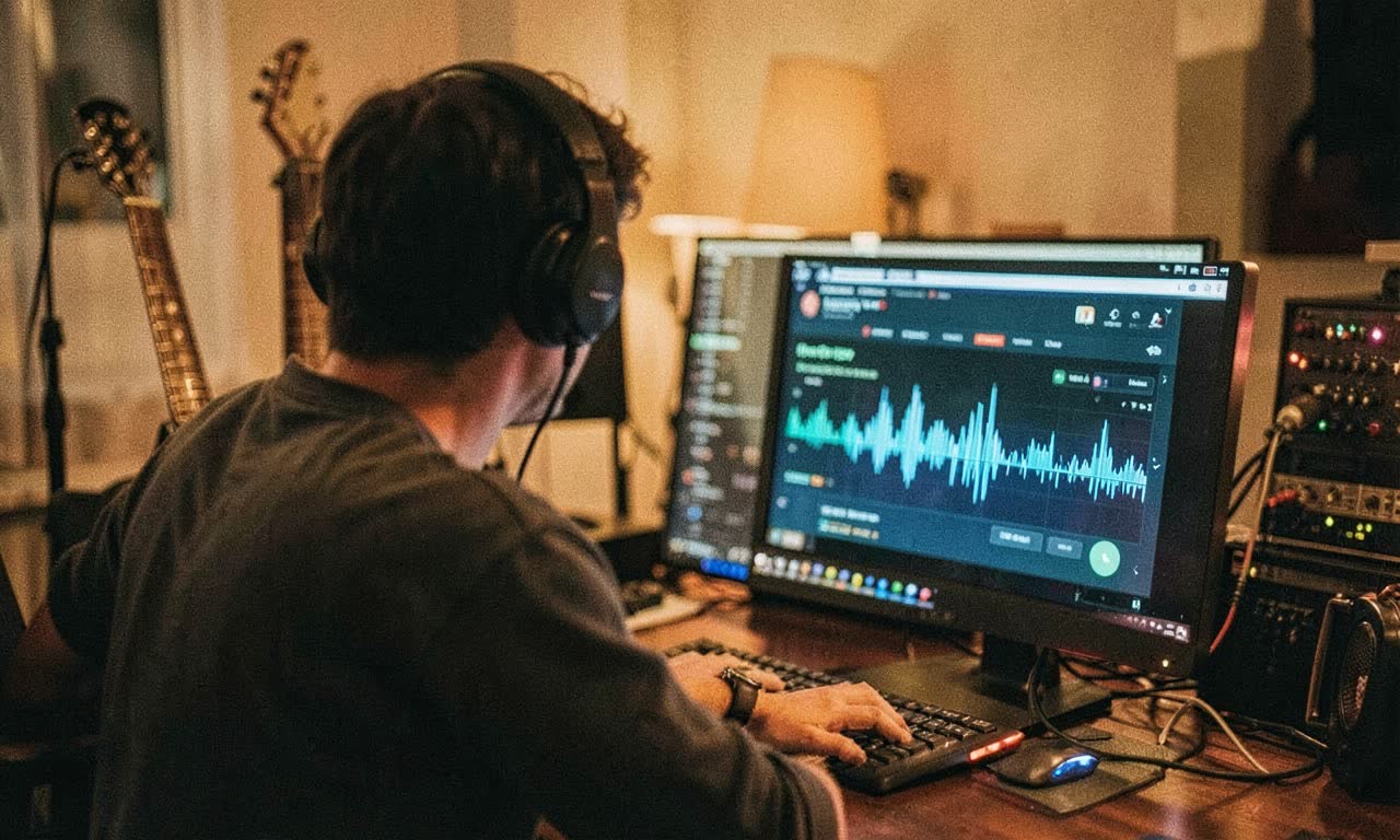 Person in a home studio with an AI music generation interface glowing on screen, warm cinematic lighting