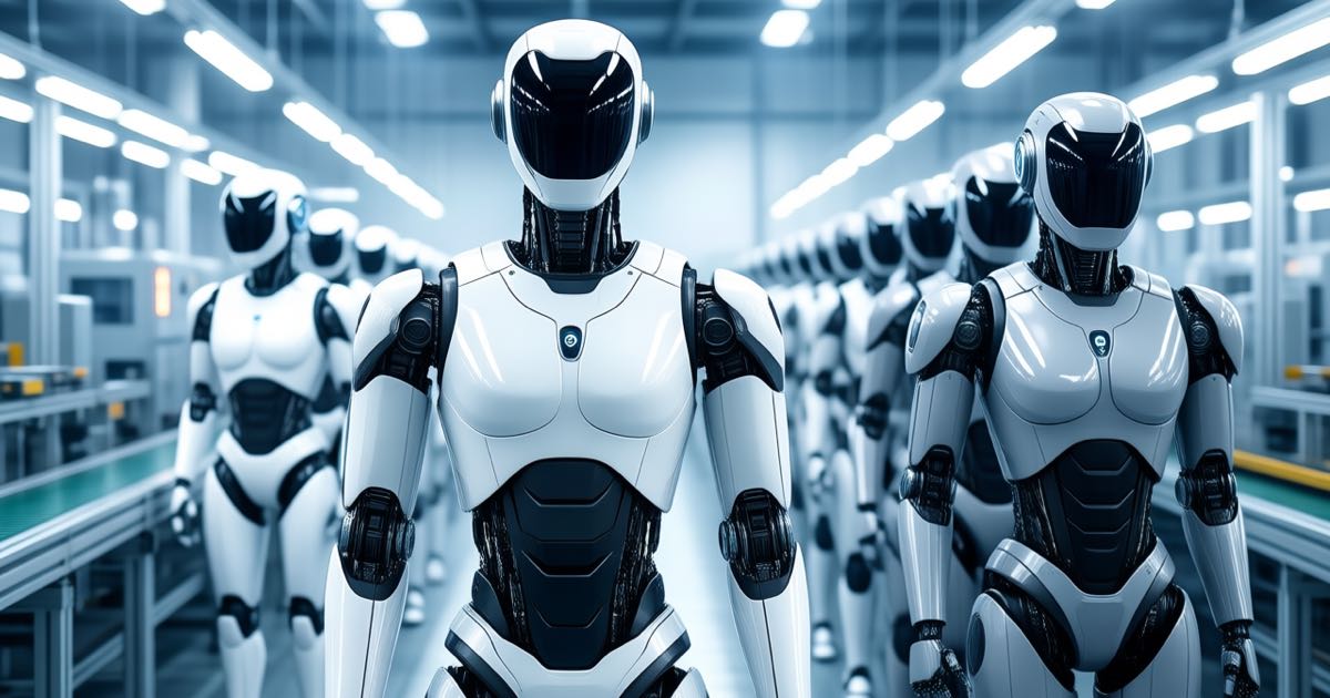 Rows of AGIBOT humanoid robots on a bright modern production line in Shanghai