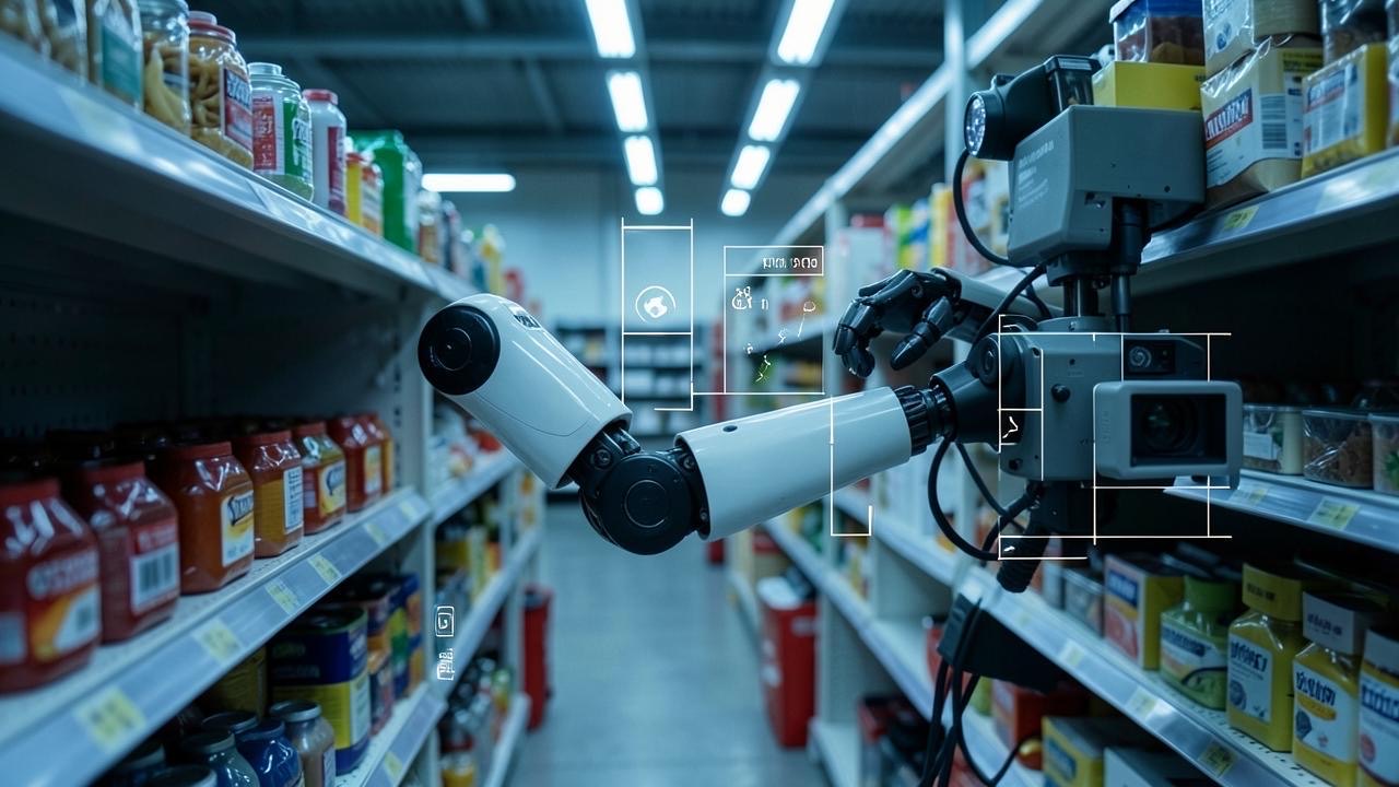 Robotic arm in a real-world commercial environment with AI overlay