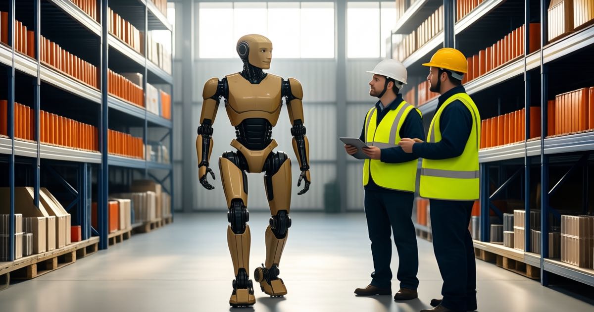 Two warehouse workers in high-vis vests watch a two-legged humanoid robot walk between shelving racks in a modern fulfilment centre