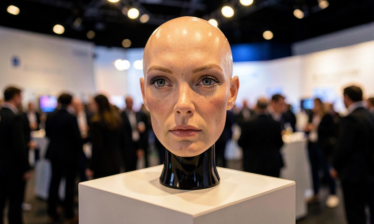 A lifelike humanoid robot face with expressive eyes and synthetic skin on display at a technology conference, surrounded by exhibition lighting and crowds
