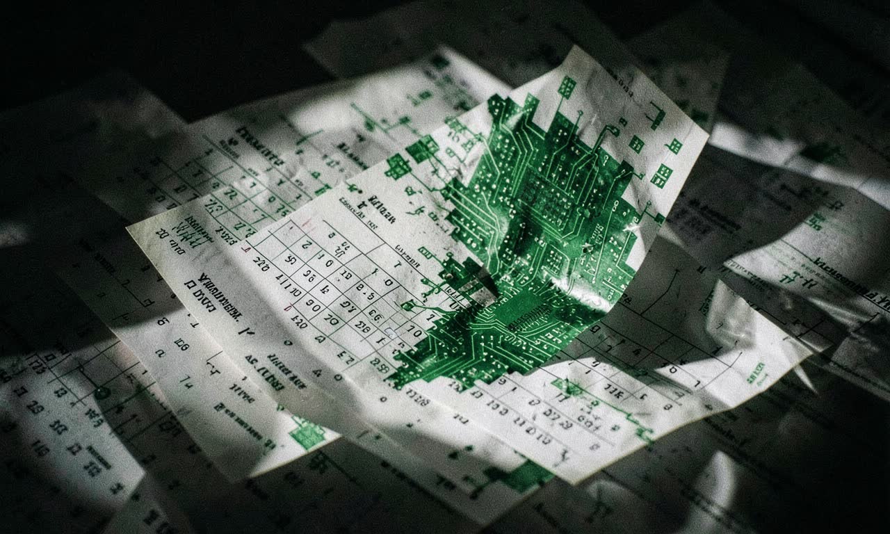 Calendar pages flipping with AI circuit board overlay, shifting timeline visual, dramatic shadows, cinematic style