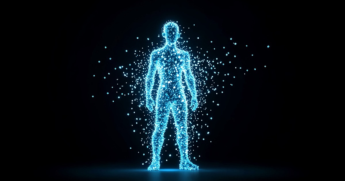 Glowing digital silhouette of a humanoid figure dissolving into pixels against a dark studio backdrop