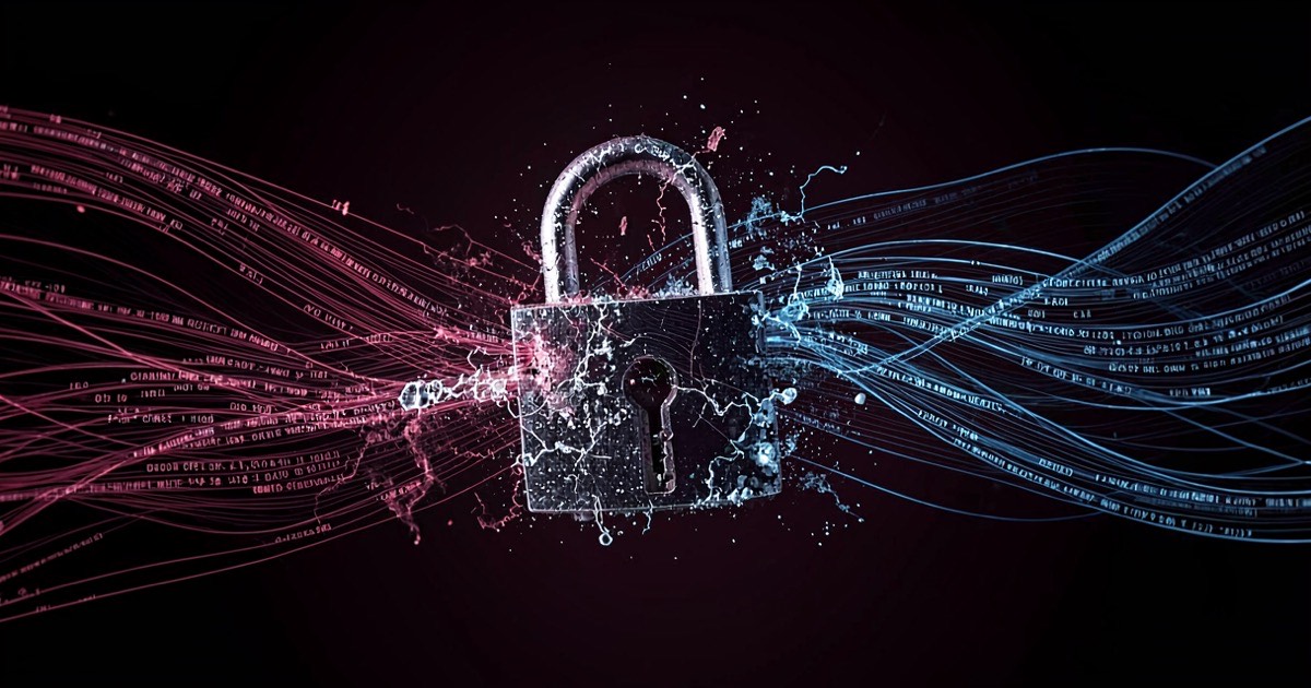 Abstract digital padlock dissolving into flowing data streams in dark crimson and steel blue tones
