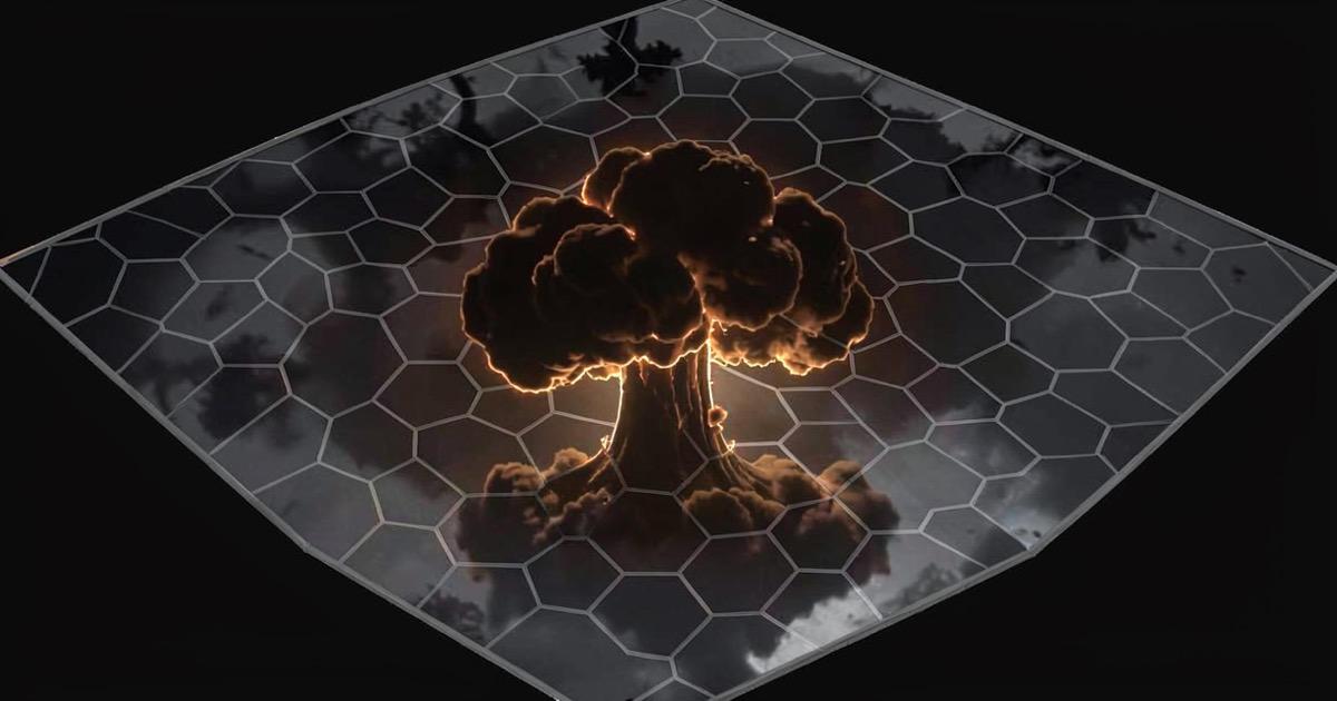 Abstract hexagonal game grid with a glowing orange mushroom cloud silhouette on a dark battlefield