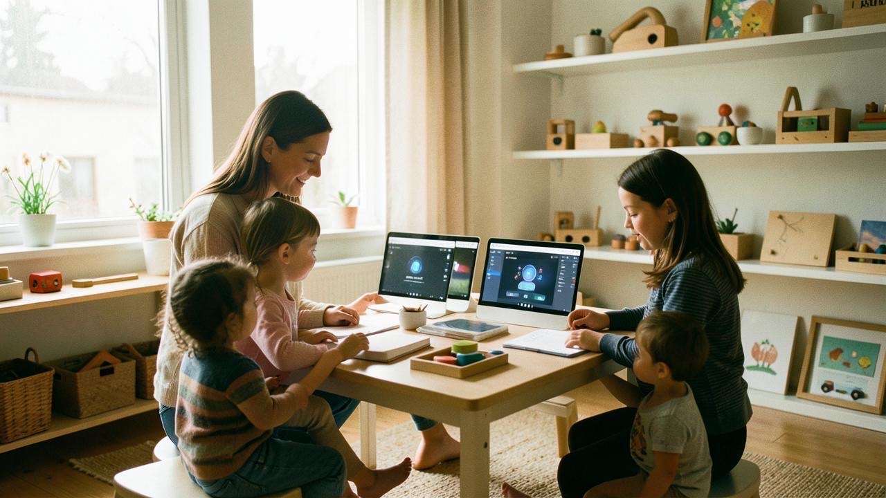 A cozy modern home interior with a mother and young children at a learning table, multiple small screens showing AI assistant interfaces, warm natural lighting