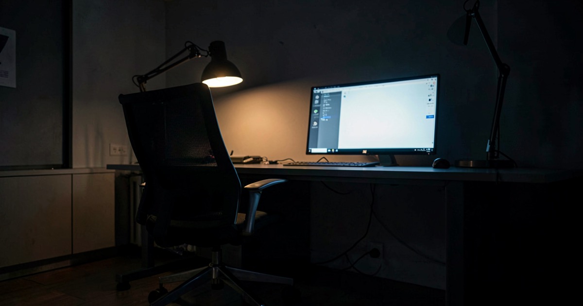 An empty office chair facing a glowing computer screen in a dark modern office