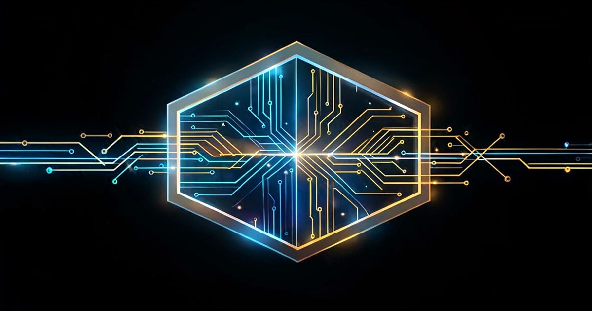 Abstract composition of a digital transaction flowing through a security barrier, glowing circuit traces passing through a shield-shaped boundary in blue and gold tones