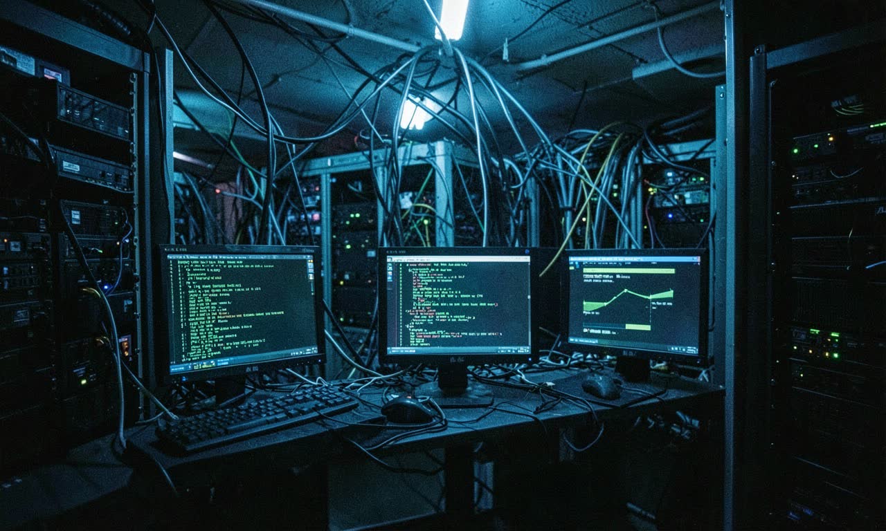 A server room with glowing terminals and network cables stretching between racks, cold blue lighting, documentary style