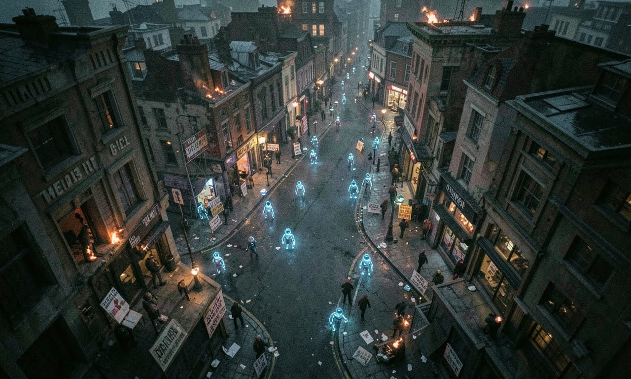 A small virtual town with glowing AI agent avatars, some buildings on fire, others with protest signs, digital art style