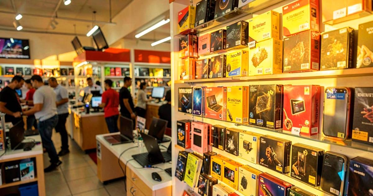 A bright warm sunlit electronics store interior with shelves of laptops and phones, and a wall of memory chip boxes glowing in golden afternoon light, a small price tag showing a steep increase.