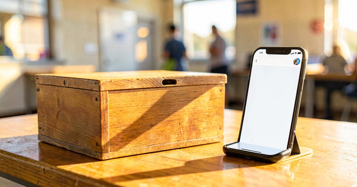 A voting ballot box on a wooden table in warm sunlight, with a smartphone showing a chatbot interface resting beside it, soft focus background of a polling station