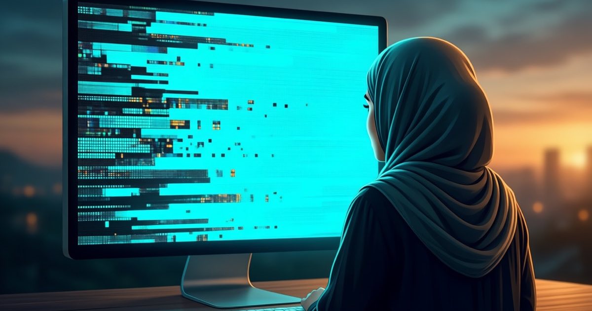 A woman in a hijab seen from behind facing a glowing pixelated screen, dusk teal and amber palette, editorial illustration