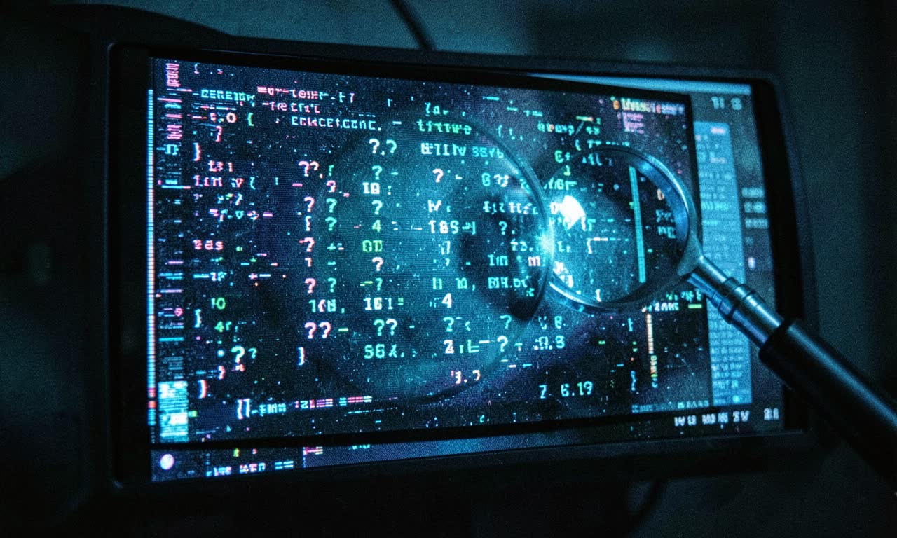 A leaderboard display with question marks replacing scores, glitch effect, documentary style, cold lighting