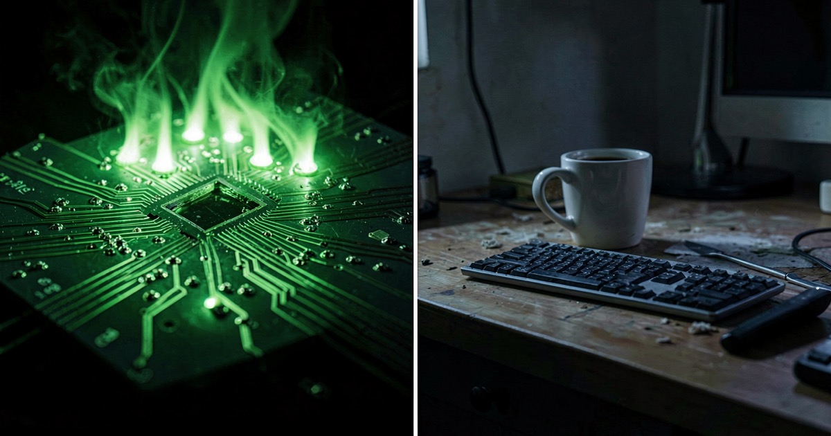 A split composition: one half shows a glowing circuit board, the other half shows an empty developer desk with a coffee cup