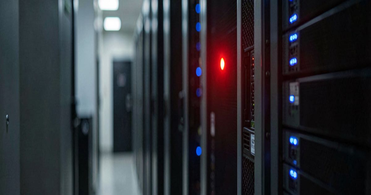 A dimly lit server room aisle with a single red warning light blinking on a rack, cold blue server LEDs, editorial photography, shallow depth of field