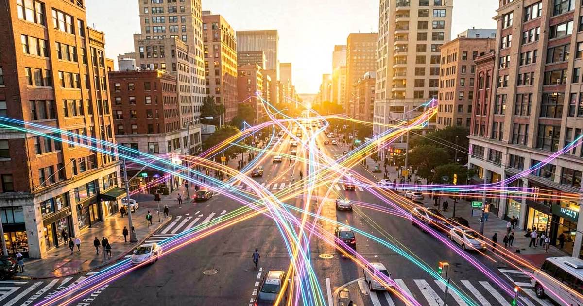 A bright sunlit city intersection at golden hour with multiple data streams visualised as flowing coloured light connecting buildings, streetlights, and infrastructure, vibrant and warm, no text visible
