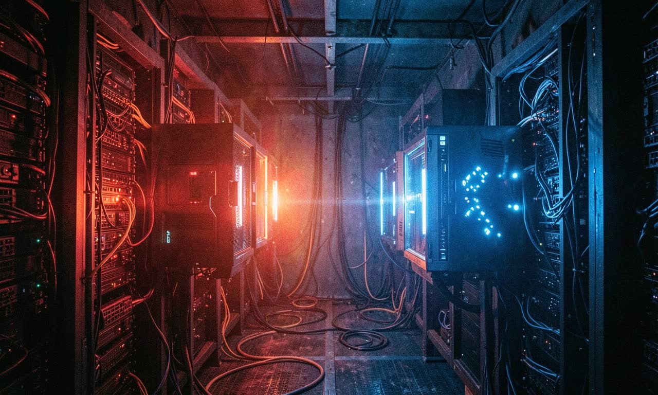 Two opposing AI security systems facing each other in a glowing server room with red and blue light, cyberpunk aesthetic