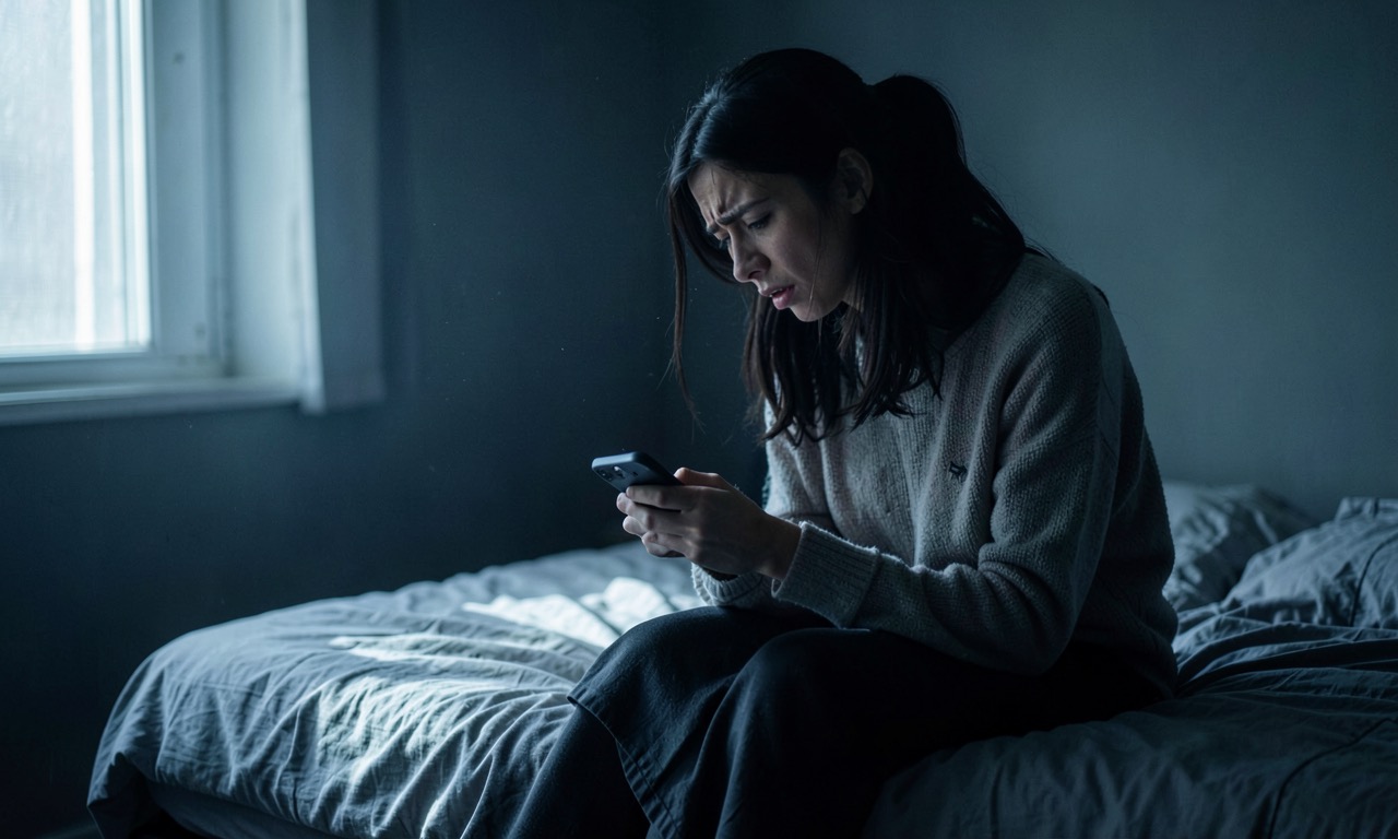 A person holding a phone showing a warning screen about deepfakes, dimly lit room, dramatic shadows, serious mood, photojournalistic style