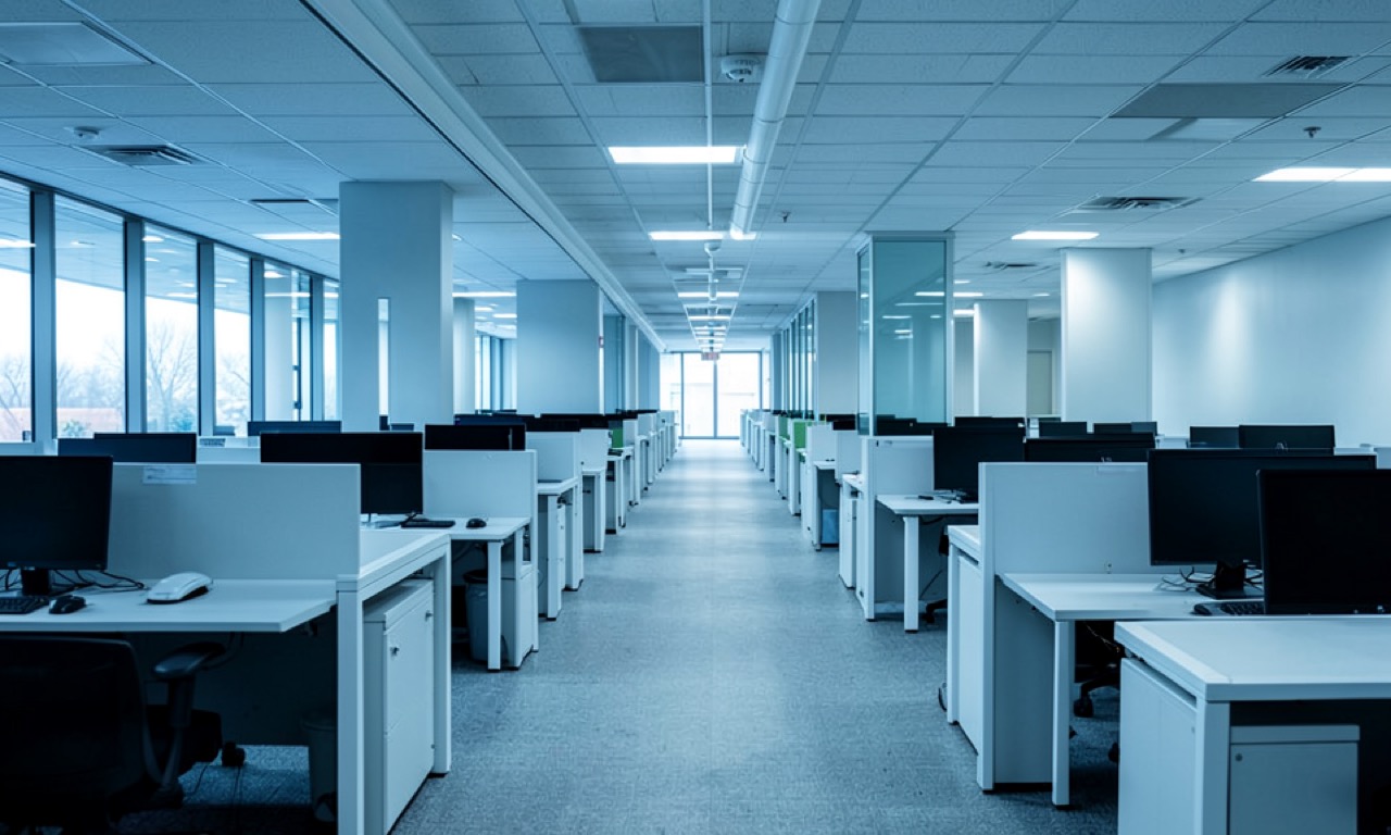 Overhead view of people walking through a corporate office hallway with rows of empty desks and monitors turned off