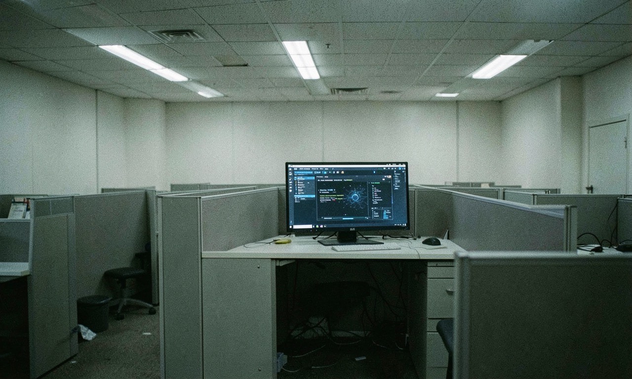 Empty office cubicles for junior staff with AI dashboard glowing on screen, cold fluorescent lighting, documentary style