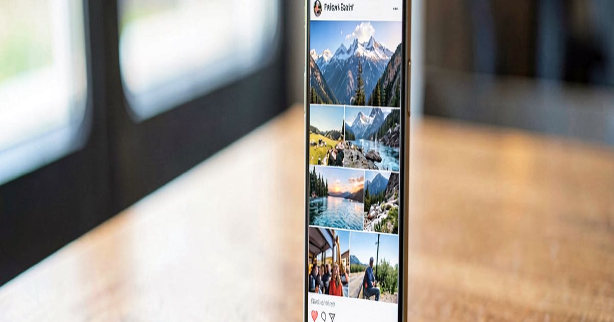 A smartphone screen showing a social media feed of travel photos on a wooden cafe table, soft natural daylight, shallow depth of field.