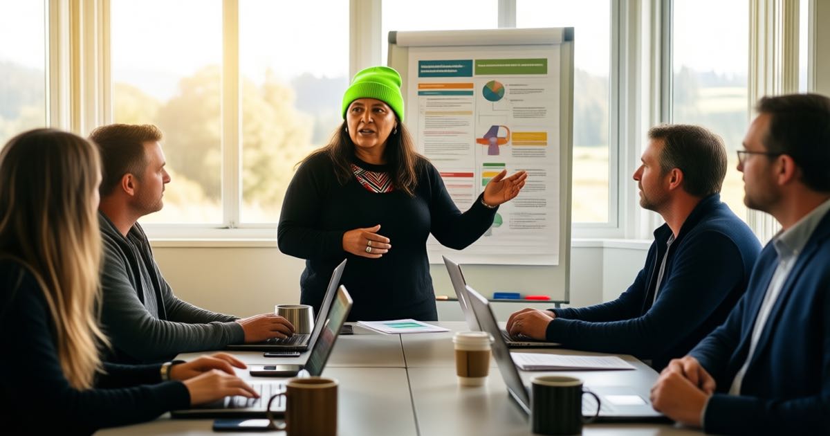 A Maori facilitator in a lime-green beanie leads an AI governance workshop for five professionals with laptops and a whiteboard of diagrams in a bright training room, warm morning light, documentary photography