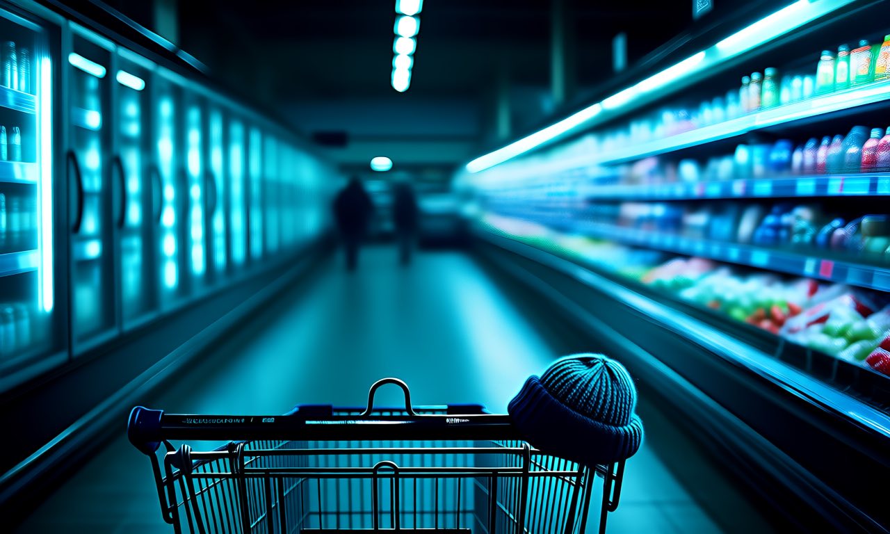 A supermarket aisle at night with glowing electronic shelf labels on refrigerated cases, a shopping trolley in the foreground, cool blue and cyan light, moody editorial photography