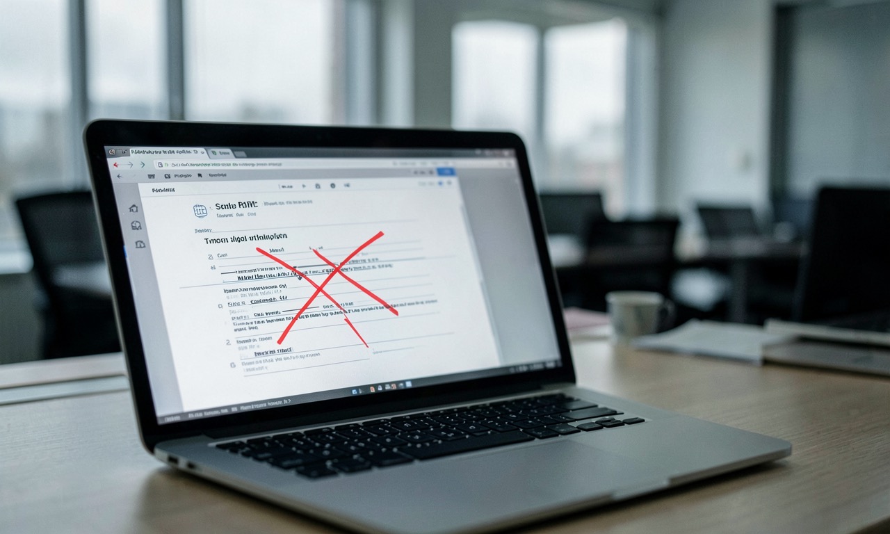 Documentary photo of a job application form on a laptop screen with red X marks, muted office environment, photojournalistic