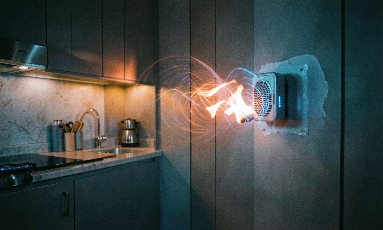Kitchen with sound wave emitters mounted on walls, small fire being extinguished, dramatic documentary lighting