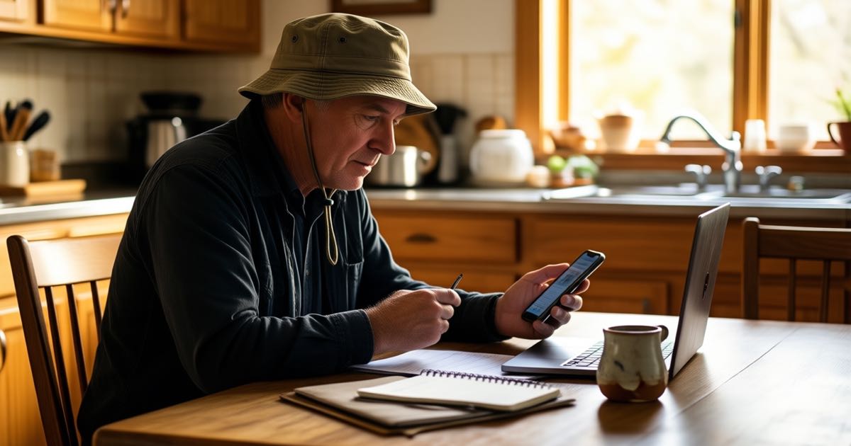 A man in his sixties wearing a bucket hat sits at a kitchen table at home during a phone interview, laptop open, notebook and coffee mug beside him, warm afternoon window light, documentary photography style