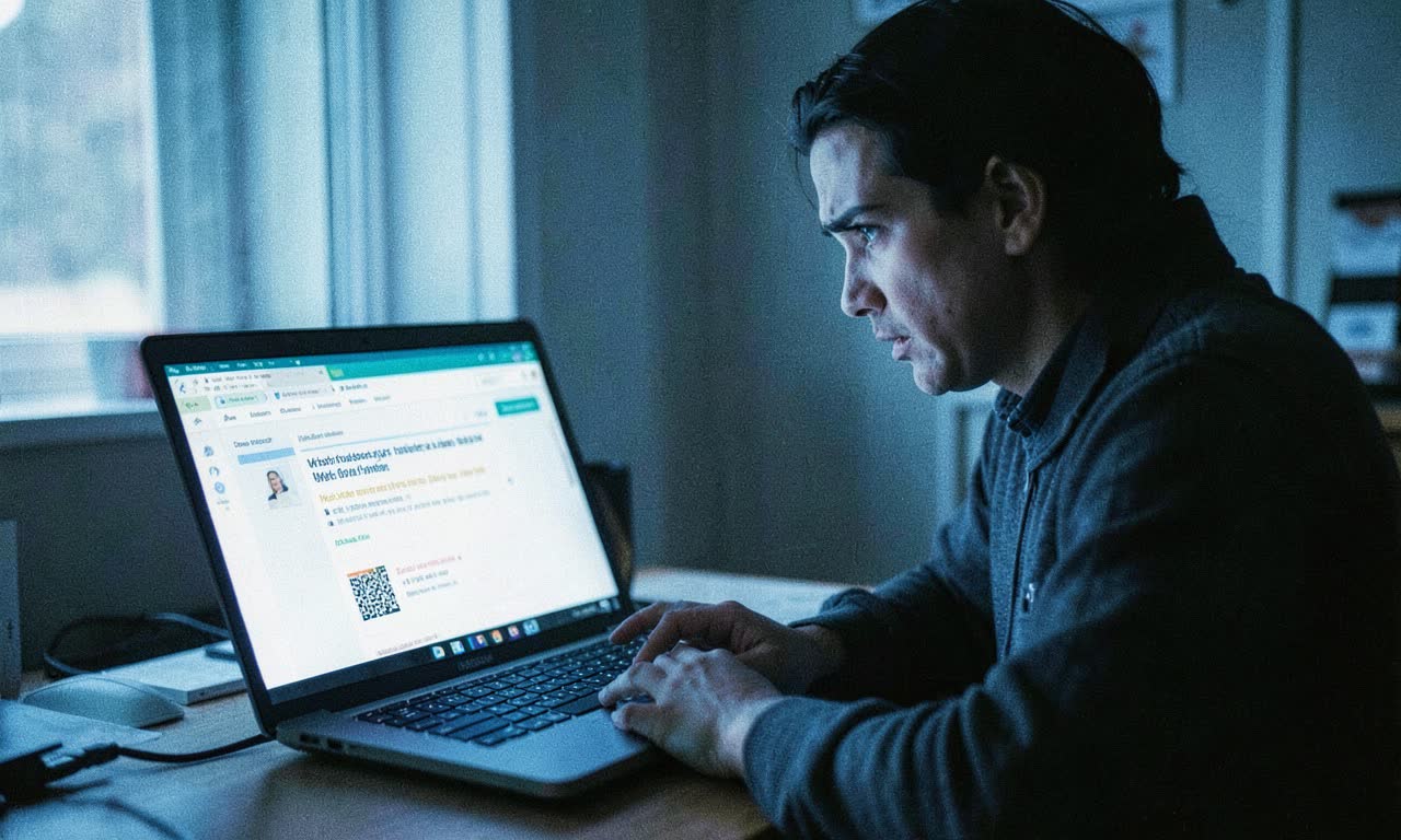 A person at a desk staring at a laptop showing declining stock charts and course enrollment, cold blue lighting, cinematic documentary style