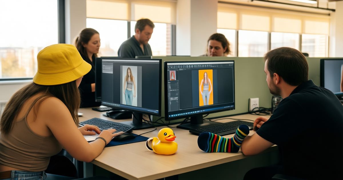 Three data annotators labelling images on monitors in a modern open-plan training office, one in a yellow bucket hat, one with odd striped socks visible and a mug shaped like a rubber duck, warm natural light, shallow depth of field, documentary editorial photography