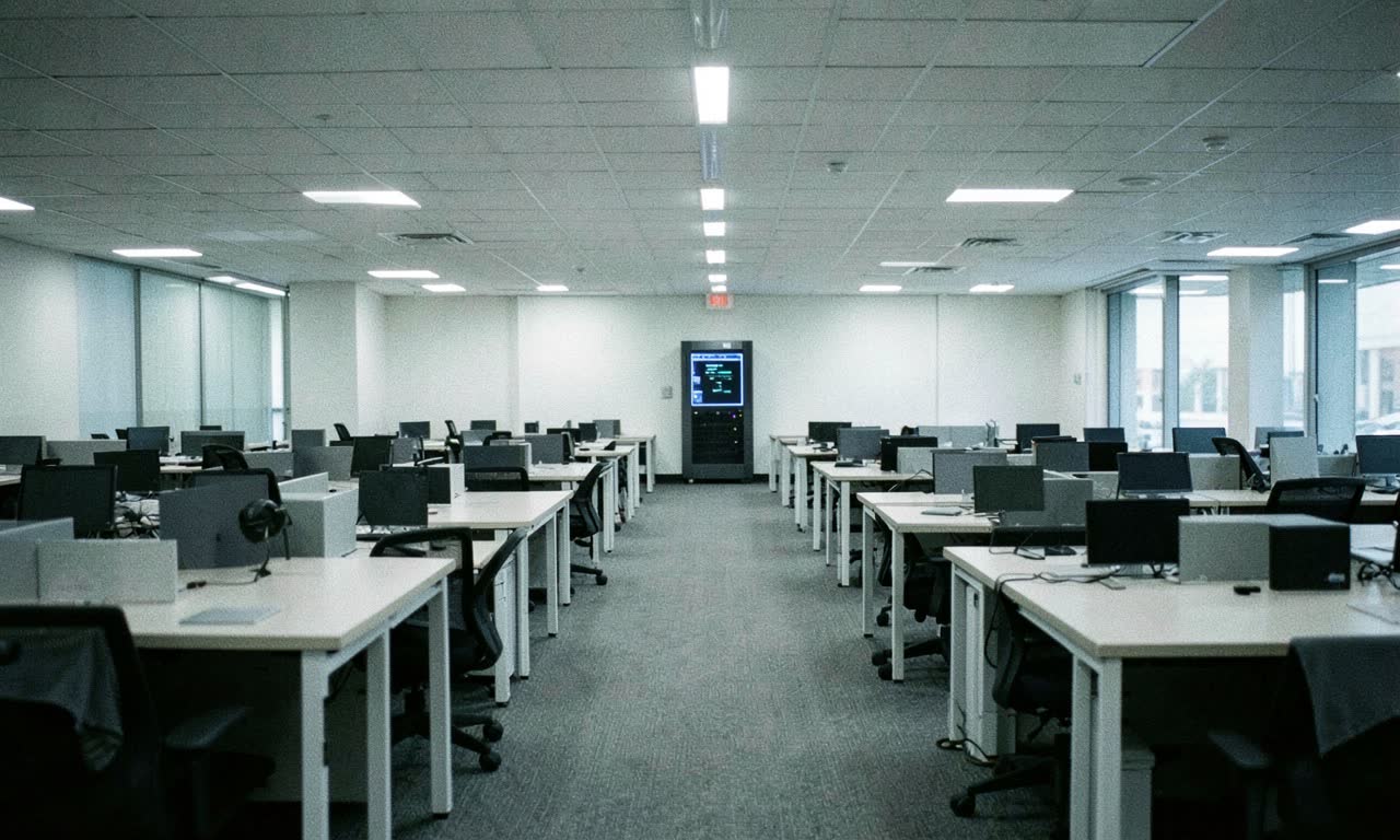 Empty corporate office floor with vacant desks and a glowing AI terminal in the distance, cold fluorescent lighting, photojournalistic