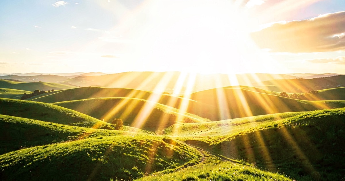 A bright vibrant sunlit landscape of rolling green hills under golden hour light, representing the vast scale of opportunity in global education