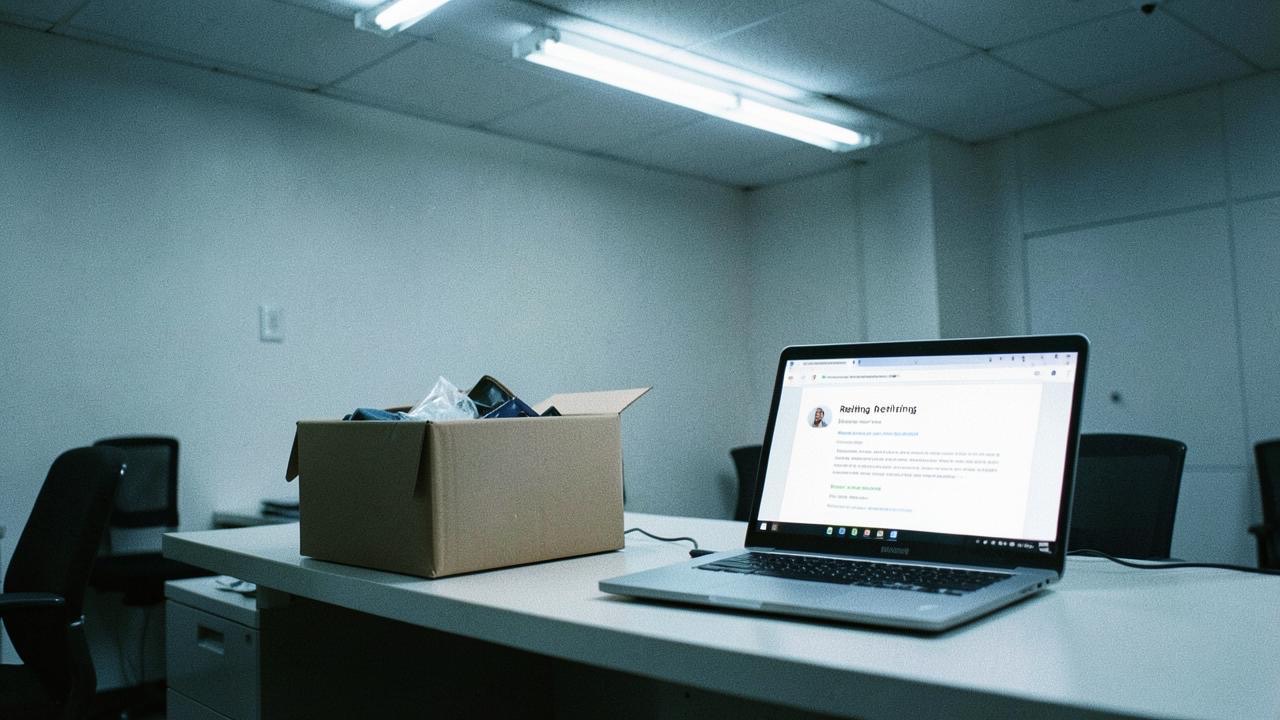 An empty office desk with a box of belongings and a laptop showing a rehiring notice, cold fluorescent lighting, documentary style