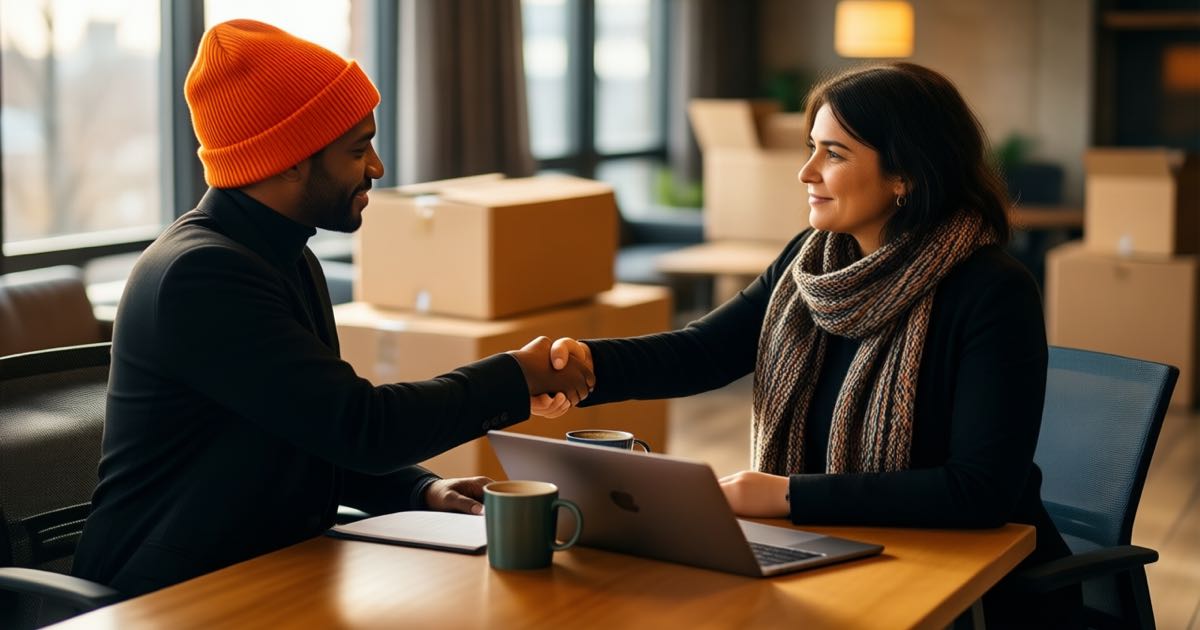 A handshake between a returning employee in an orange beanie and a recruiter in a patterned scarf across an office table, moving boxes in the background, warm natural light, documentary editorial photography