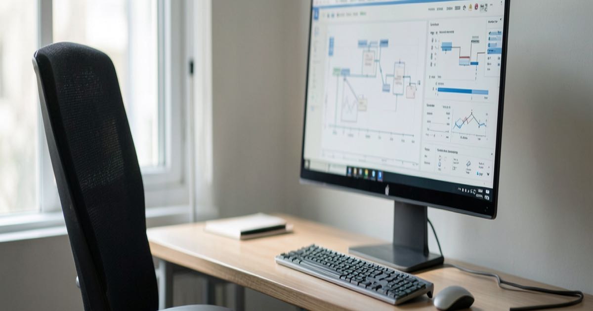 An empty office chair at a desk with a computer showing organisational charts, soft natural light, documentary style