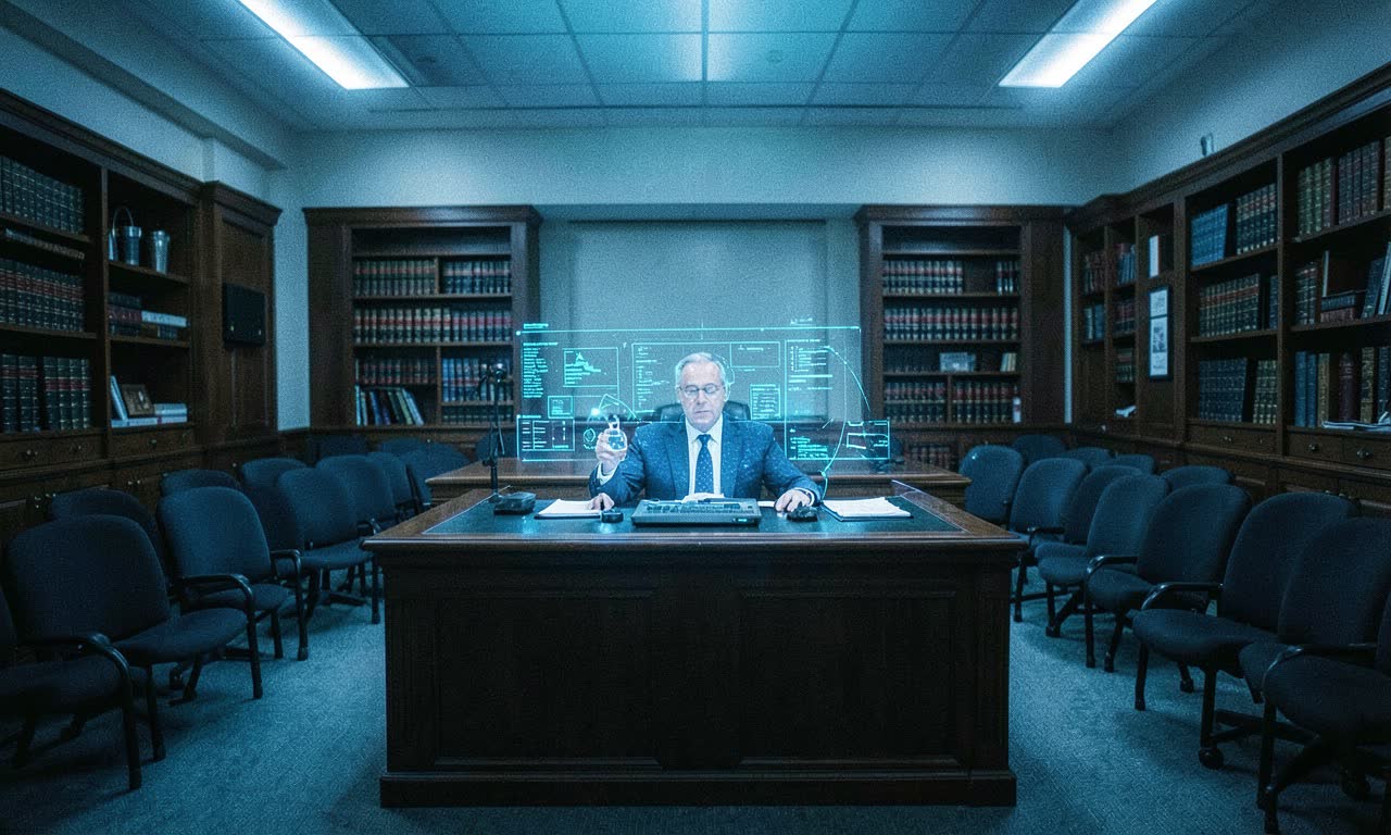 A courtroom with a glowing AI terminal at the defendant's table, empty gallery, cold blue lighting, documentary style