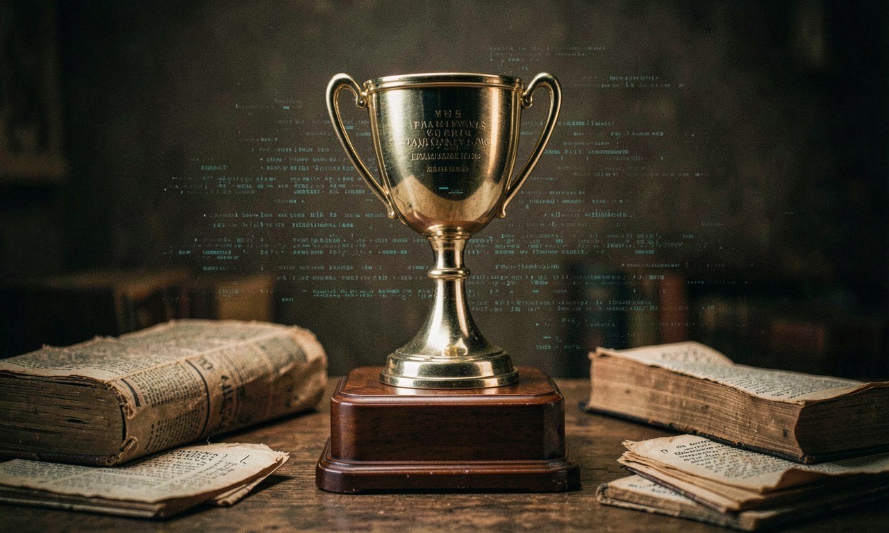 A literary award trophy surrounded by books with subtle digital glitch effects suggesting AI-generated content