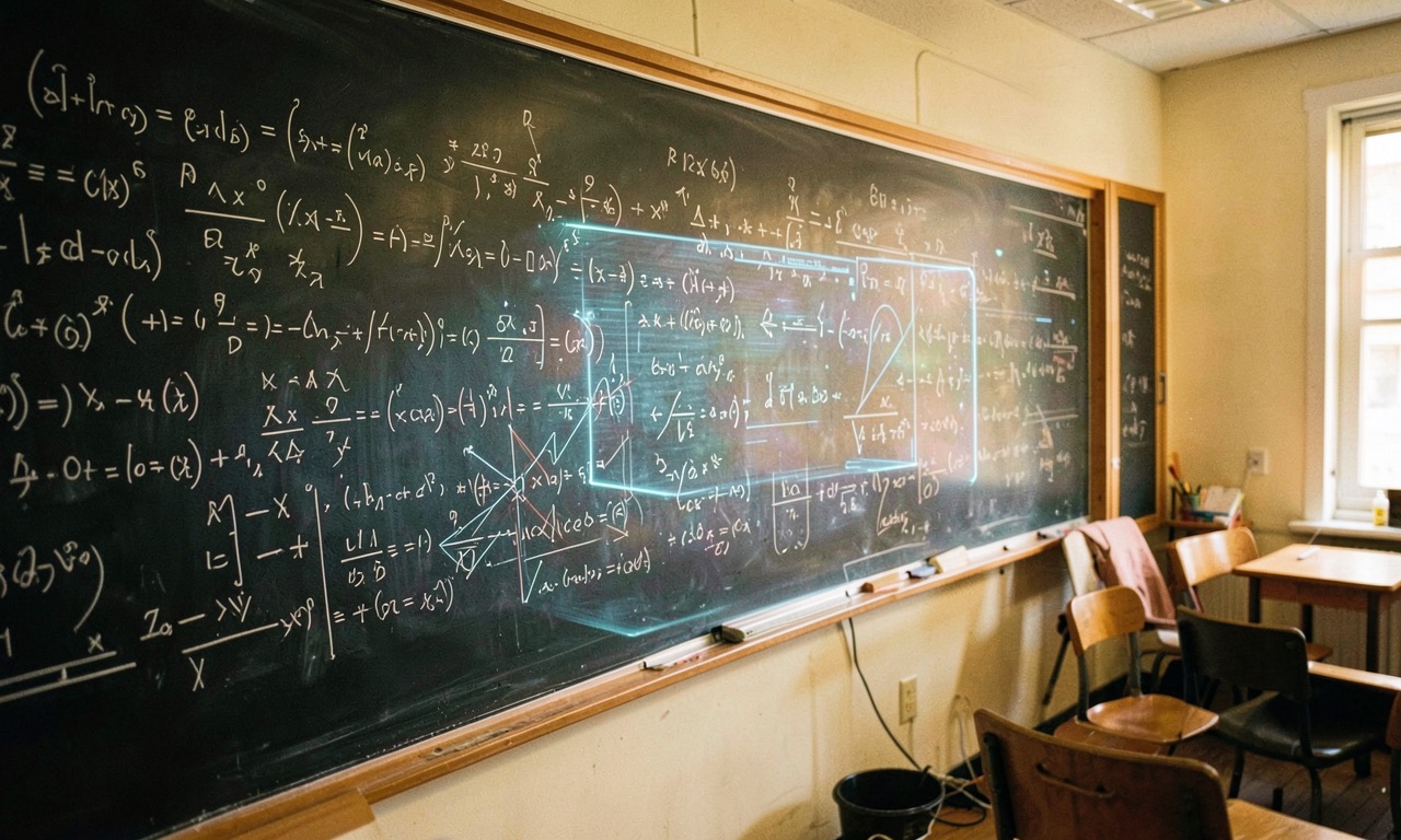 Chalkboard covered in mathematical formulas with digital AI overlay