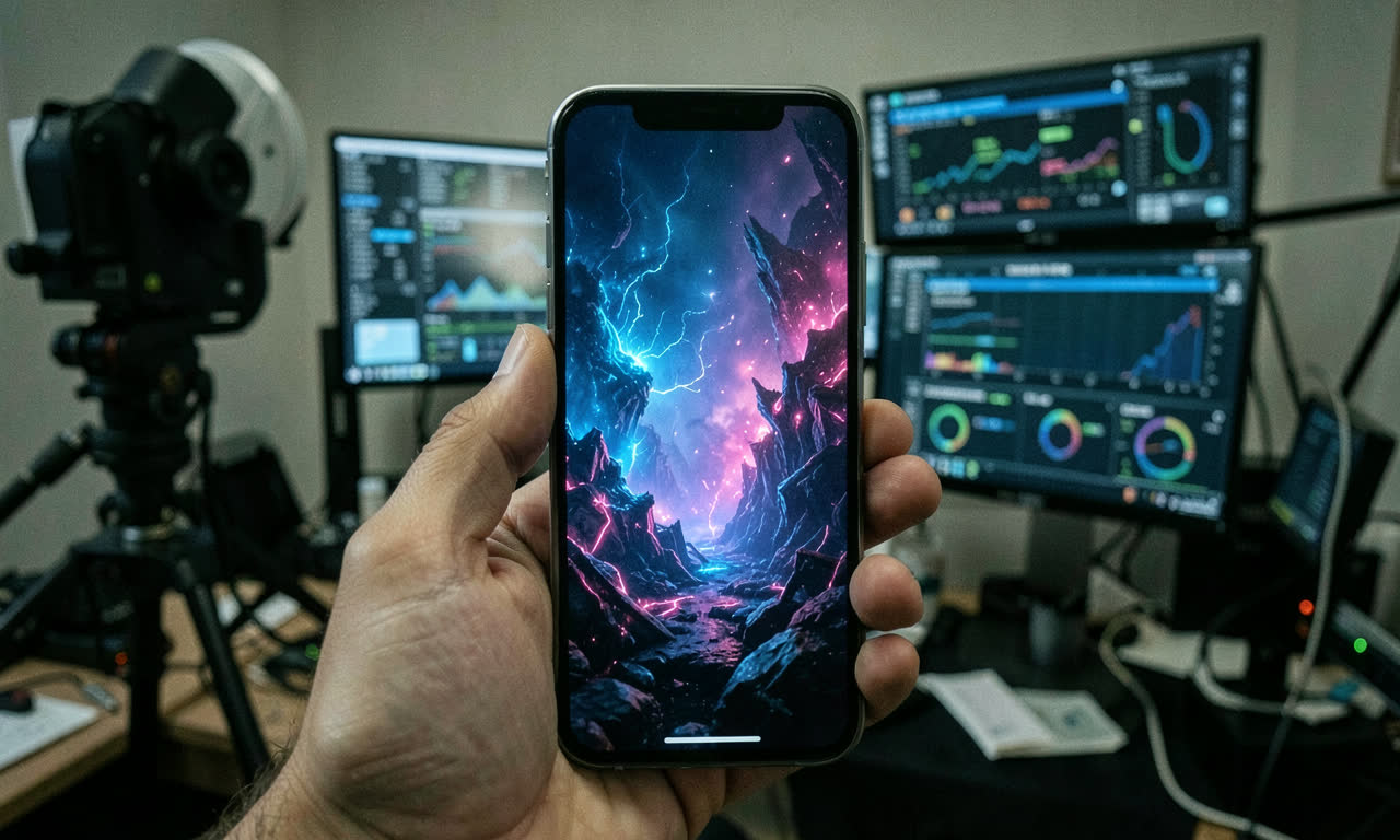 Vertical phone screen showing an AI-generated drama scene with Chinese text overlay, surrounded by production screens and data dashboards, photojournalistic style, blue and pink neon lighting