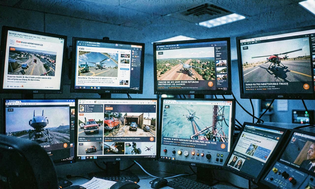 Multiple screens showing news feeds and drone footage, blue ambient lighting, control room aesthetic