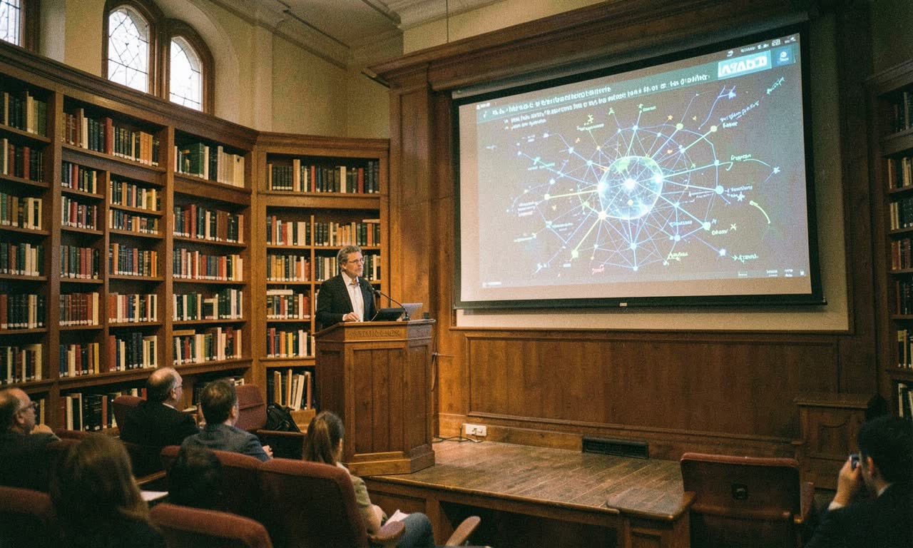 University lecture hall with AI projection on screen and professor at podium, warm library lighting, documentary style