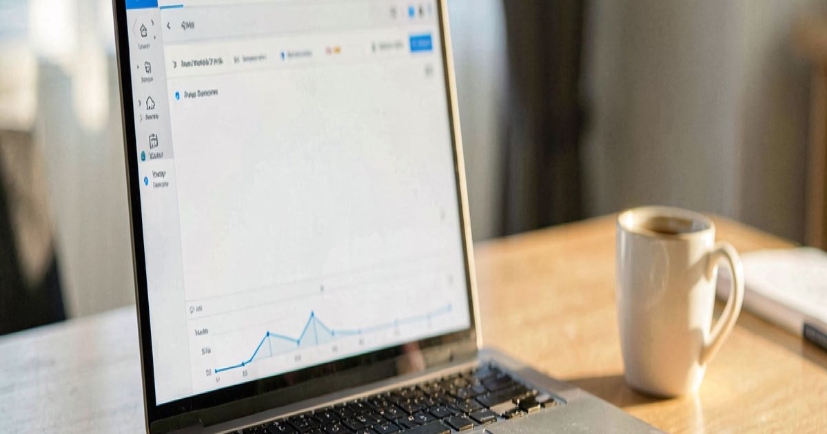 A desk with a laptop showing a blank analytics dashboard, warm afternoon light, a coffee cup nearby, documentary style photography
