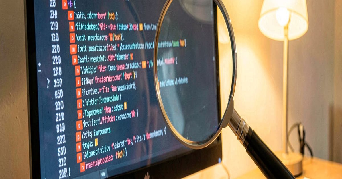 A glowing computer screen showing lines of code with red error markers, a magnifying glass overlay highlighting a broken patch, warm bright lighting.