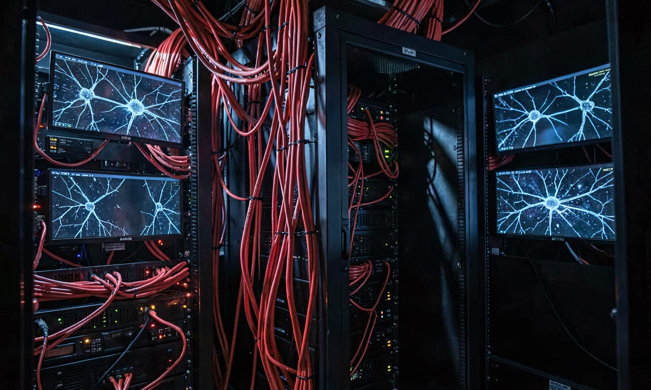A dark server room with glowing red network cables and AI neural patterns spreading across screens, dramatic lighting, cinematic, photojournalistic