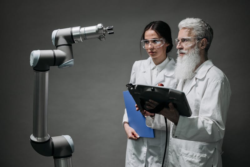 Researchers in lab representing the hybrid of academic symbolic AI and industry neural networks
